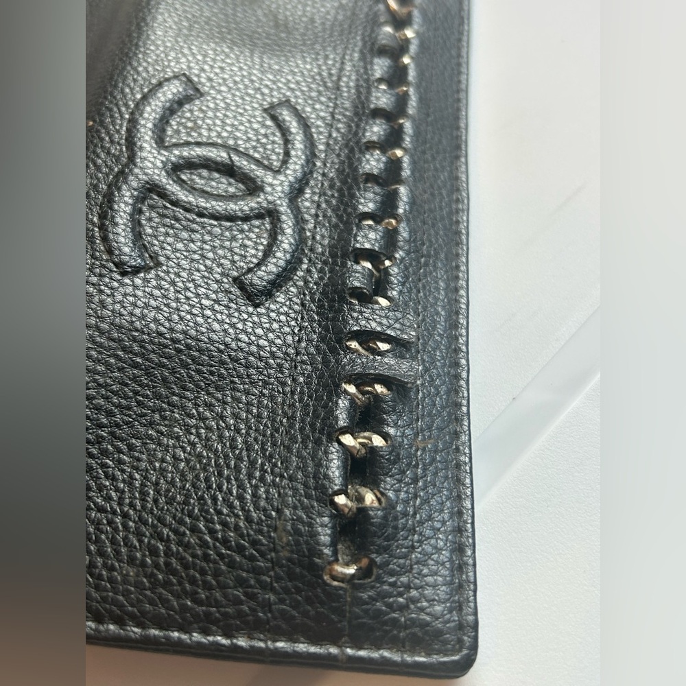 Vintage Chanel CC Logo Black Caviar Leather Wallet Designer Authentic Trifold - Picture 8 of 14